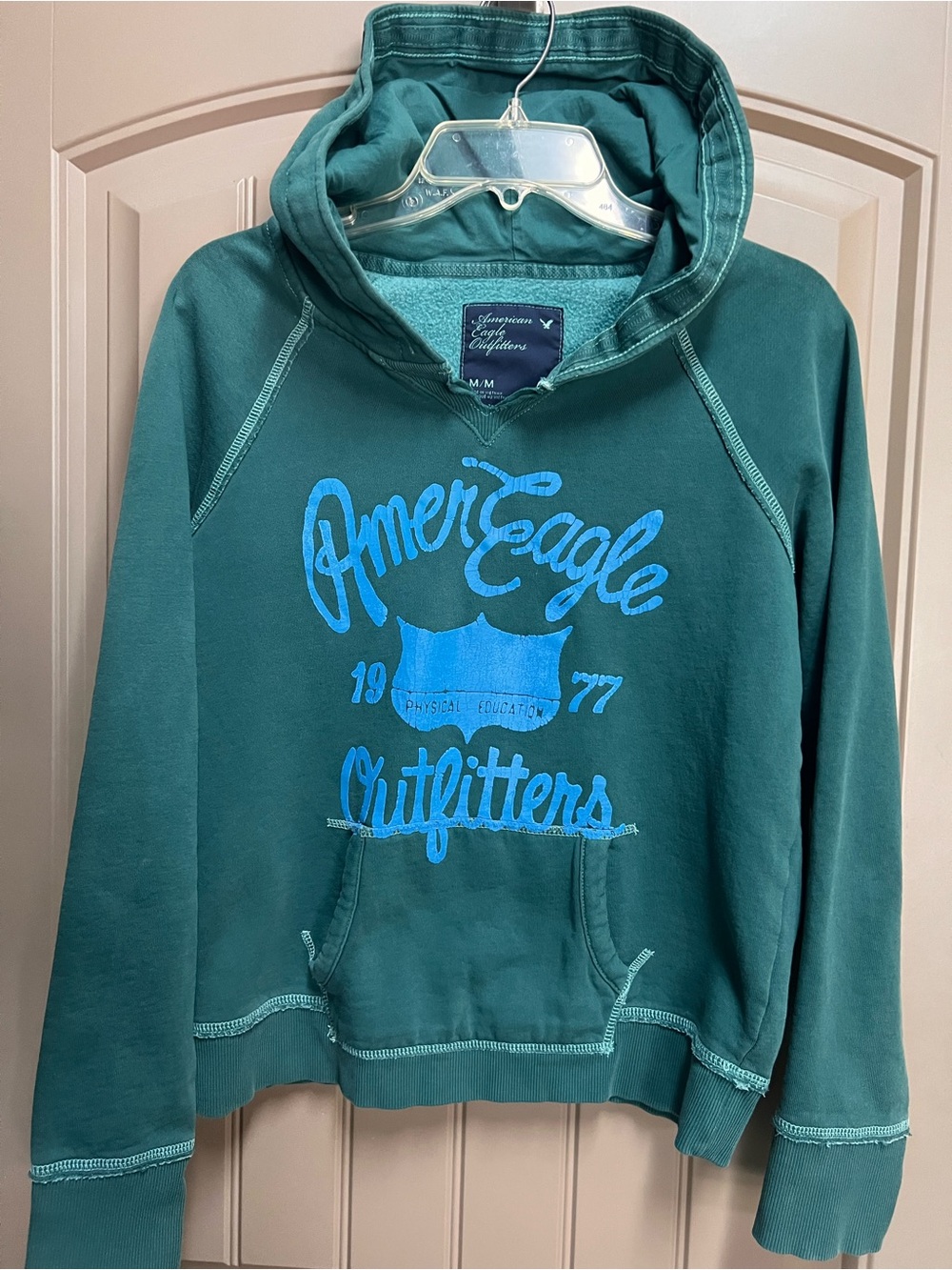 American Eagle 1977 Graphic Hoodie Womens M Teal Y2K Retro Pullover